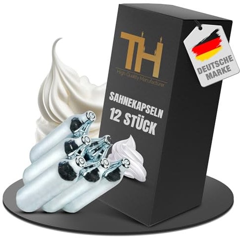 Thiru Premium N2O Sahnekapseln für Sahnespender - N2O Patronen für Sahnesyphons - für alle handelsüblichen Sahnebereiter - für bis zu 500ml Volumen (12 Stück - Starter)