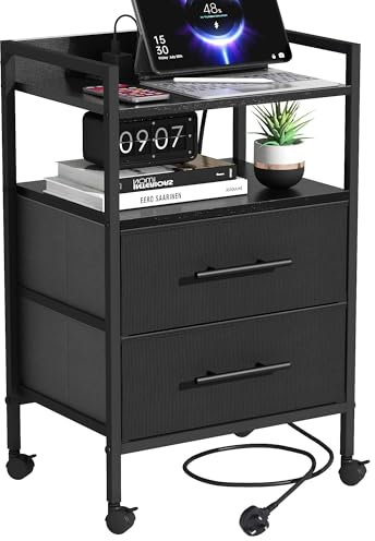 MIKIICOCO Bedside Table with Charging Station, Nightstand with 2 Outlets and 2 USB Ports, Sofa Side Table with 4 Castors and Fabric Drawers for Bedroom