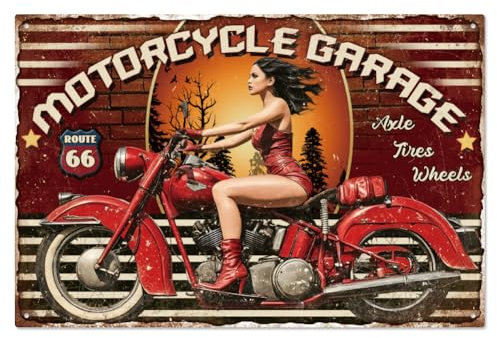 WADORN Vintage Pin Up Lady Motorrad Metall Blechschild, 20x30cm Lustiges Retro Blechschild Für Garage Männerhöhle Kneipe Motorrad Garage Lady Wandkunst Poster Plakette Für Zuhause Bar Männerhöhle