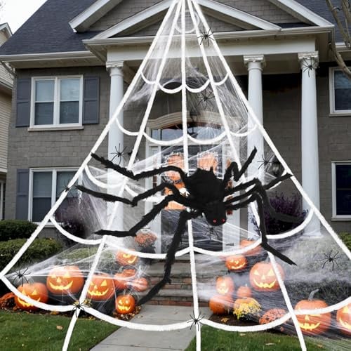 Riesige Spinnennetz Halloween Deko Outdoor–5m Große Spinnweben mit 1.5 m Großer Gefälschter Spinne + 100 Mini Spinne + 40g Spinnenweben Dekoration für Drinnen Draußen, Hof, Garten, Party