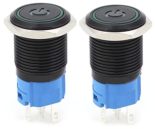 YUMILI 2 Stück Metall Druckschalter, 1NO1NC Druckknopfschalter, Selbstsichernder Druckschalter mit LED Lampe, IP65 Wasserdichter Edelstahl Kippschalter, Schwarzer 16mm für Automobilmaschinerie