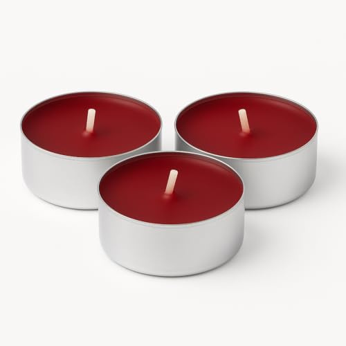 Candelo Duftteelichter Winterapfel 18er-Set – Bordeaux-Rot, 4h Brenndauer, Bratapfel Geruch – Winter & Weihnachtskerzen in Aluhülle