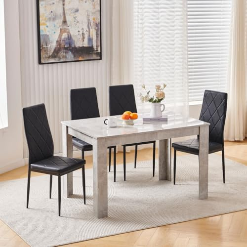 Homullel 120x80 cm Esstisch mit 4 Stühlen Esszimmer Set für 4 Personen, Essgruppe für Küche, Esszimmer (Kunstleder Schwarz #2, Hochglanz Beton Grauer Tisch mit 4 Sitze)
