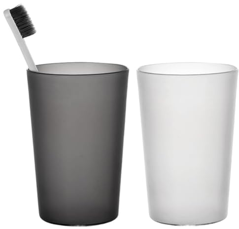 Toothbrush Cup for Family, 2Pcs Plastic Bathroom Tumblers 350ml, Mouthwash Cups, Unbreakable Dishwasher Safe Drink Cup (Transparent & Black)