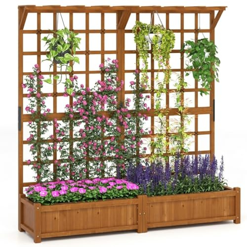 GOPLUS Jardinière Surélevée avec Treillis 183cm en Bois, Trous de Drainage, Toit Suspendu pour Plantes Grimpantes, 2 Bacs pour Fleurs, Herbes Aromatiques, Légumes, pour Intérieur Extérieur (Café)