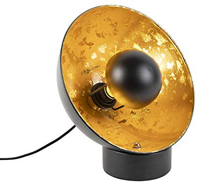 Qazqa - Industrie I Vintage I Industrie I Vintage I Tischlampe schwarz mit Gold I Messingener Innenseite - Magna Eglip I Wohnzimmer I Schlafzimmer - Stahl Rund - LED geeignet E27
