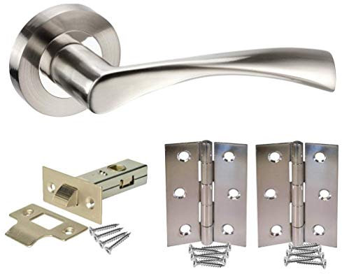 Golden Grace Astrid Design Modern Door Handles on Round Rose in Dual Finish with Tubular Latch & Pair of Hinges