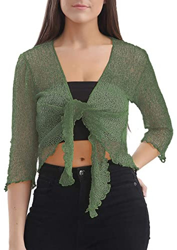 Love My Fashions® Women’s Fish Net Knitted Tie Up Bolero Shrug Top Ladies 3/4 Sleeve One Size Fits All Khaki