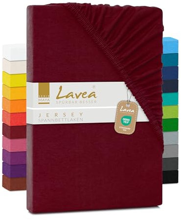 Lavea Spannbettlaken 90x200cm-100x200 - aus atmungsaktiver Baumwolle - Passgenau für Standardmatratzen bis 20cm - Bordeaux Bettlaken mit Gummizug - Jersey Spannbetttuch 90x200cm-100x200