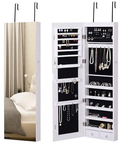 HOMCOM Jewelry Cabinet with Mirror and LED Lights, Lockable Makeup Cosmetics Jewellery Organiser, Mirror with Storage for Bedroom Dressing Room, White