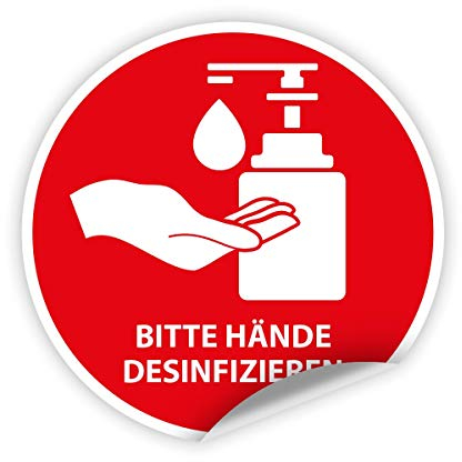 5x Aufkleber Sticker selbstklebend bitte Hände desinfizieren Ø Größe wählbar 10 cm Durchmesser