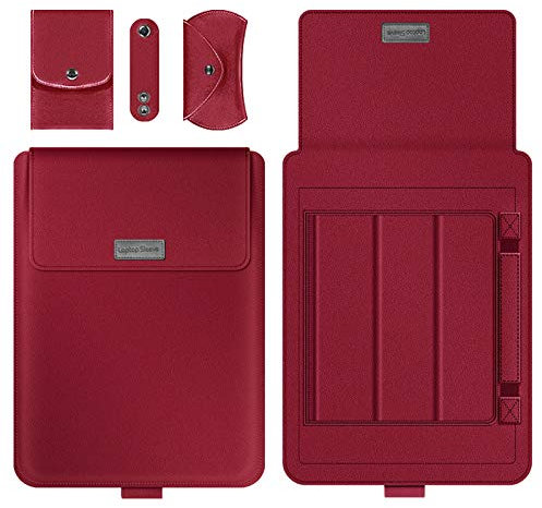 13-14 Inch Laptop Sleeve Integrate with Adjustable Stand & Mouse Pad, Leather Case Bag for MacBook Pro M2/M1 Pro/Max A2779 A2442, MacBook Air 13, 13.5 Surface Laptop 5/4/3/2/1-Red