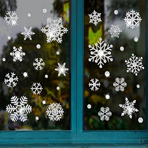 HBell Weihnachts-Schneeflocken-Aufkleber,110 Stück, wiederverwendbar,Weihnachts-Fensteraufkleber,statisch, selbsthaftend,PVC-Schneeflocken,Winterparty-Zubehör, Ornamente (weiß)