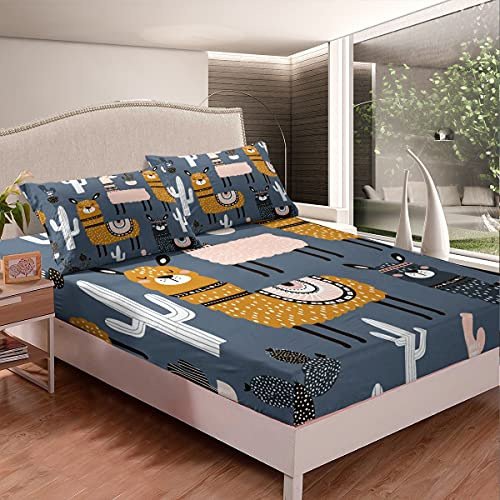 Niedlich Lama Spannbetttuch Kinder Karikatur Boho Lama Alpaka Spannbettlaken 90x200cm für Mädchen Jugendliche Zimmer Kawaii Bohemien Tier Dekor Bettlaken Set Kaktus Botanisch Blau 2St