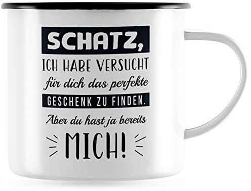 JUNIWORDS Emaille-Tasse, Schatz, ich Habe versucht Finden. Aber du hast ja bereits Mich!, Schwarzer Tassenrand (1007786)