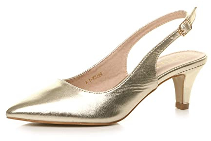 AJVANI Womens Ladies Low mid Heel 50s Slingback Buckle Pointed Court Shoes Size