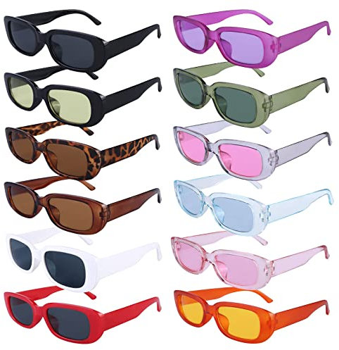12 Stücke Vintage Rechteckige Sonnenbrille für Damen und Herren,Mode Sonnenbrille,Party Sonnenbrillen,Retro Brille mit UV Schutz Sunglasses,Neon Brille Bunte Sonnenbrillen für Outdoor Reise Fahren