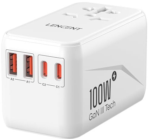 LENCENT Adaptateur de Voyage Universel GaN3 100W Chargeur International avec 2 QC4,0 USB & 2 PD3,0 Type-C PPS Charge Rapide Chargeur Mondial Type A C G I Prise USA UK Canada EU AUS Thaïlande Blanc