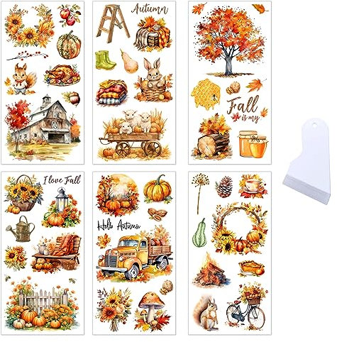 6 Blatt Rub On Transfer Aufkleber Herbst Fenster Aufkleber Thanksgiving Deko Kürbis Blätter Sonnenblume Vintage Ästhetische Fenster Sticker für Möbel Scrapbook Album Kalender Glas Holz Party