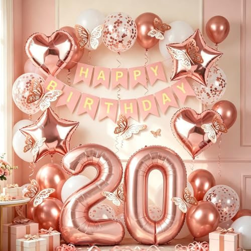 20th Birthday Decorations for Girls, Rose Gold 40 Inch Number 20 Foil Birthday Balloons with Happy Birthday Banner and Butterfly Stickers