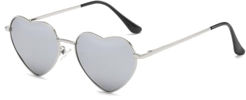 RUNHUIS Polarisiert Herzform Sonnenbrille Damen Herren Hippie Brille Vintage Liebe Sonnenbrille für Festival Party Gold Metallrahmen mit UV400 (Silber/Silber Gespiegelt)
