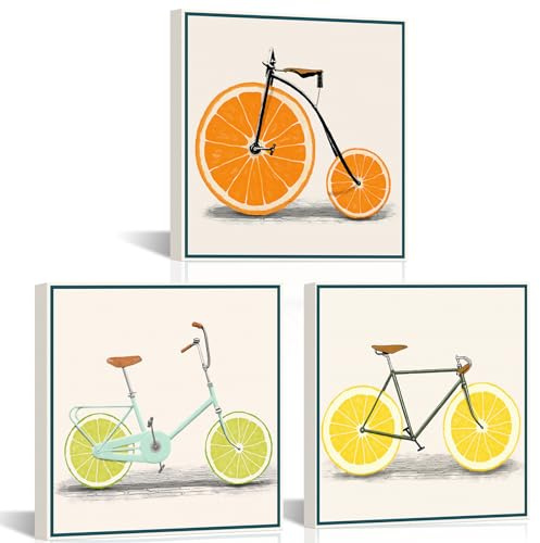 AoArtWZ Leinwandbild mit buntem Zitronen-Fahrrad mit orangefarbenen Früchten, für Restaurant, Zuhause, Esszimmer, Wanddekoration, 30,5 x 30,5 x 30,5 x 3 Stück