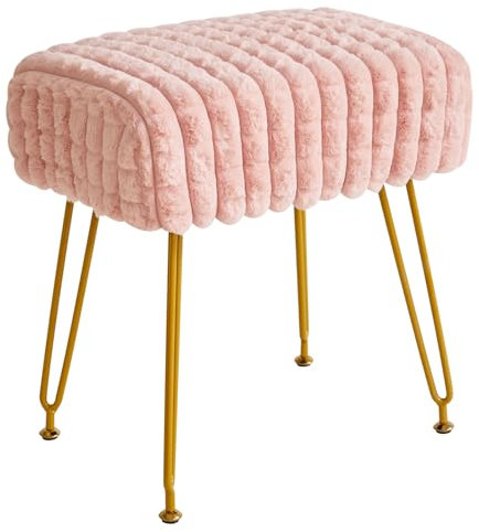 IBUYKE rechteckiger Fußstützenstuhl Ottoman, Make-up Eitelkeits Hocker Beistelltisch, Samt Ankleidetisch Sitz, Fußhocker Stuhl, goldene Stahlbeine, für Make-up Raum, Schlafzimmer, Rosa WBD003P