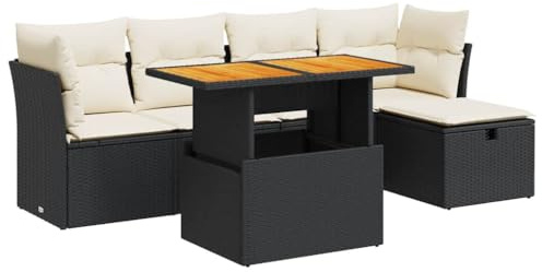 vidaXL 6-TLG. Garten-Sofagarnitur mit Kissen Schwarz Poly Rattan