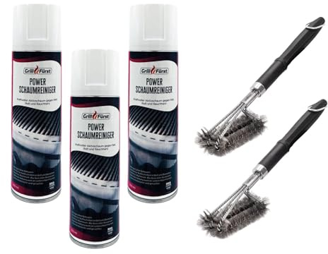 Grillfürst 3X Power Schaumreiniger + 2X schraubbare Grillbürste für Edelstahlgrillroste - 3 x 300 ml Aktivschaumreiniger für emaillierte Oberflächen, Edelstahl und Sichtscheiben + Bürste