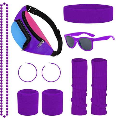 Dazzroi 80s Fancy Dress Costumes, 1980s Retro Sport Accessories Sets with Bumbag Headband Wristbands Leg Warmers Eyeglasses Earrings Necklace, Neon Outfit for Women 80s Party, Dress up Party (purple)