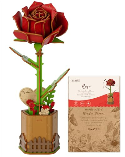 KaayeeWood Puzzle 3D en Bois, 3D Puzzle de Fleurs en Bois pour Adultes,Kit Artisanal de Fleurs Artificielles, Cadeau d'anniversaire, de Saint - Valentin ou de Ffête des Mères(Rose)