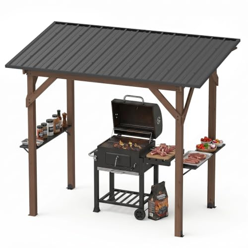 KOMFOTTEU Gazebo per Barbecue da Esterno in Legno Massiccio | Gazebo da Giardino con 2 Ripiani, Tetto Inclinato per Campeggio, Picnic e BBQ, 263 x 151 x 223 cm