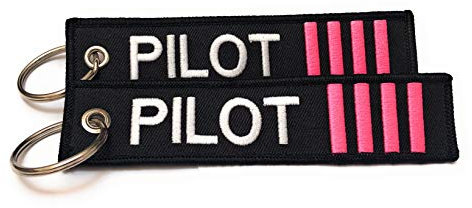 Porte-clés Pilot - Étiquette de bagage - pour les premiers officiers et capitaines - Lot de 2 - Multicolore - Aviamart®, Pilot 4 bandes roses. (Noir) - AVMZ-2-PILOT-4-PINK