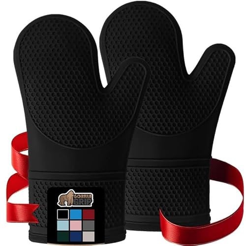 Gorilla Grip Premium Silicone Slip Resistant Oven Mitt Set, Soft Flexible Oven Gloves, Heat Resistant Kitchen Cooking Mitts, Protect Hands from Hot Surfaces, Cookie Sheets, Black Pair, Set of 2