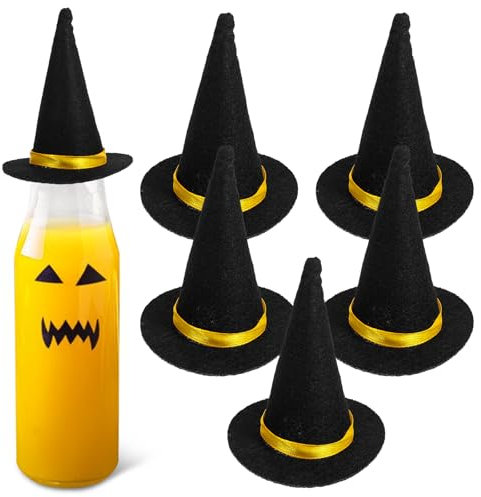 Amosfun 6PCS Halloween Wine Bottle Stopper Mini Witch Hats Bottle Cover Decor Party Favor
