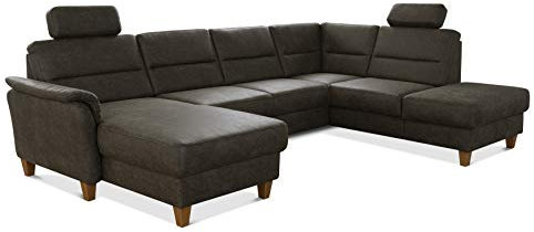 CAVADORE Wohnlandschaft Palera / U-Form Federkern-Sofa mit Schlaffunktion, Stauraum und 2 Kopfstützen / 314 x 89 x 212 / Mikrofaser in Lederoptik, Oliv