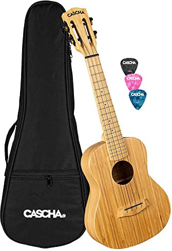 CASCHA Bamboo Natural Concert Ukulele Erwachsene & Kinder - inkl.3 Plektren & gepolsterte Tasche - Bambus-Ukulele für Anfänger oder Fortgeschrittene -, HH 2313, Bambus natur