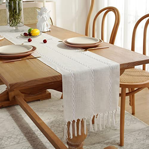 Tischläufer Boho Vintag Beige Tischläufer mit Quasten Modernes Leinen Table Runner für Hochzeit Rustikales Zuhause Bauernhaus Modern Tabletop Dekor, 183x33cm (Grauweiß)