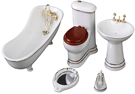 Perfeclan 1:12 Puppenhaus Miniatur Badezimmer Set Keramik Toilettenbecken Badewanne Spiegel Miniaturmöbel Puppenzubehör für Badezimmer, Weiß