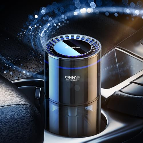 Desodorisant Voiture Ceeniu CF3, 135ml Parfum Naturel, Dure 4-8 Mois, Lumière Ambiante Silencieuse, Concentration Réglable, Auto On/Off, Batterie Intégrée, Car Air Freshener, Vacances Romaines