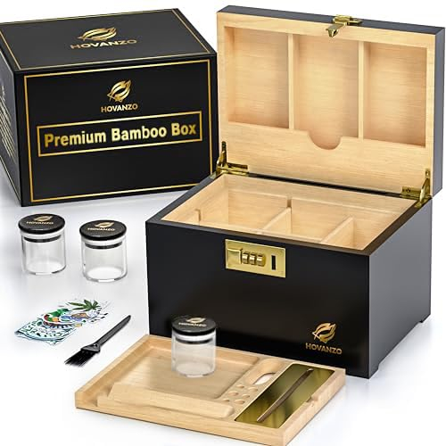 HOVANZO Premium Large Bamboo Storage Box with Combination Lock - Decorative Box Set - Large Wooden Container - Decorative Wood Storage with Accessories - Wood Kit with Glass Jars