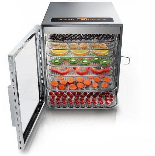 Arendo – Déshydrateur alimentaire avec contrôle de température 500 W - Déshydrateur en Inox pour viande fruits légumes - Minuterie 24h, 30° à 90° degrés - 8 plateaux - Food Dehydrator - GS - sans BPA