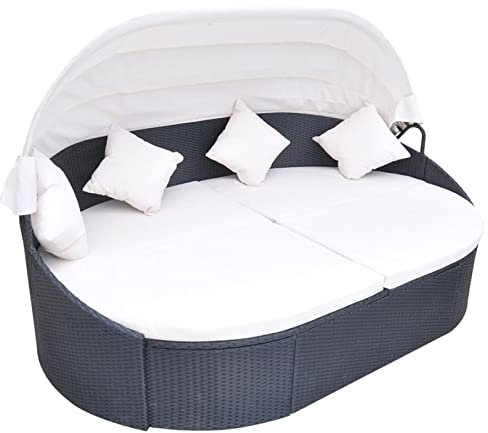 Tidyard Gartenliege Liegeinsel Sonnenbett Sonneninsel Sonnenliege Outdoor Loungebett mit Dach Sonnendach Rattan Gartenbett Schwarz