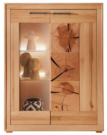 Lomadox Wohnzimmer Esszimmer Vitrinenschrank Highboard 103cm breit, Kernbuche massiv geölt, montiert, inkl. Beleuchtung