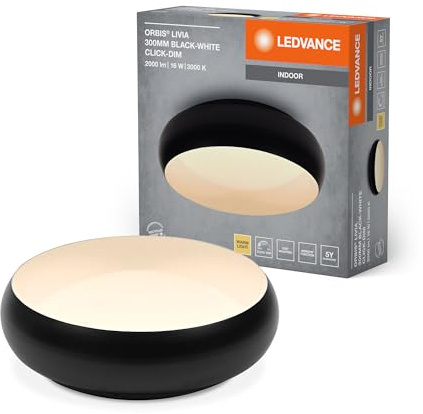 LEDVANCE ORBIS Livia LED-Deckenleuchte mit Metallring, schwarz-weiß, 16W, 1000lm, 3000K, 300mm, 830 freundliches Warmweiß, durch Klicken in 3-Stufen dimmbar, IP20, Montageschrauben und Dübel inklusive
