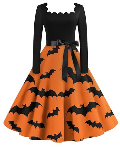 JKJFJKA Femmes Plus Taille Drôle De Halloween Impression Cocktail Balançoire Costumes Volants Carré Col Manches Longues Fête Robe Gingembre L Robe Gothique Halloween Halloween Costume Femme