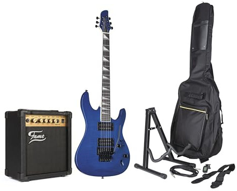 E-Gitarren Set für Anfänger, J & D 8051F, See Thru Blue, Double Cut, 22 Bünde, Alnico Humbucker, Floyd Rose Tremolo, Hochglanz Finish, inkl. Fame MA-15 Verstärker und Zubehör