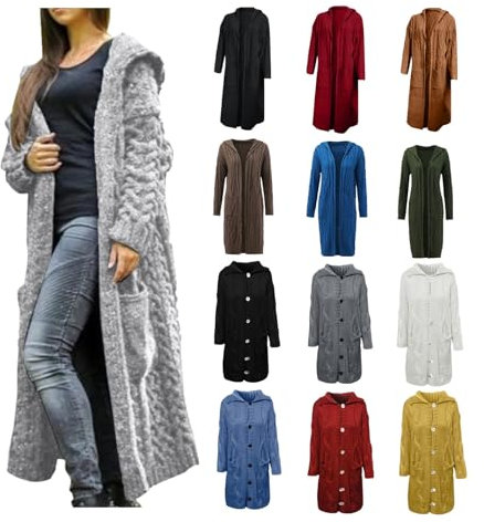 Cable Knit Cardigan for Women Thermal Hooded Neck Solid Knitwear Maxi Coat Oversized Longline Hooded Cape Jumpers Cardigan Loose Fit Soft Abrasion Casual Ladies Tunic Top for Fall Winter (Grey, M)