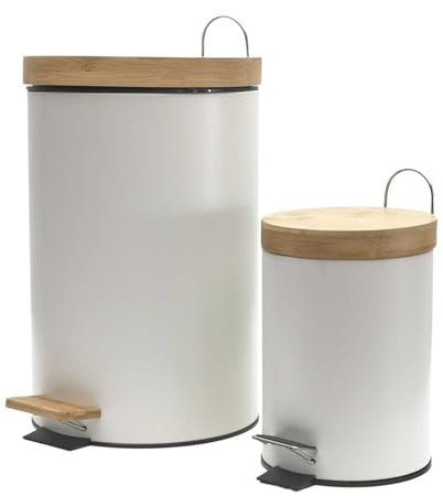 JE CHERCHE UNE IDEE, ME0029, Lot de 2 Poubelles à Pedale Metal Et Bambou Blanc, Élégante poubelle à pédale 3L en métal et bambou, Tri sélectif facile, Facile à utiliser et entretenir, Polyvalente