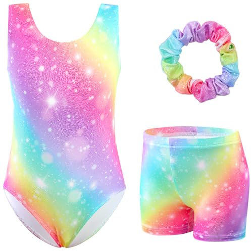 XiaoMoSha Dreiteiliges Gymnastikanzug für Mädchen, ärmellos, mit Shorts und Haarband, glitzernder Farbverlauf, Ballett-Tanz-Einteiler, Gymnastik-Outfits für Kinder von 3–12 Jahren, regenbogenfarben,